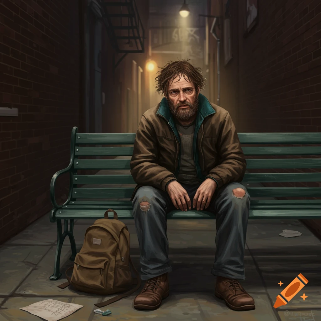 A man sits alone on a bench in a shadowed alleyway.