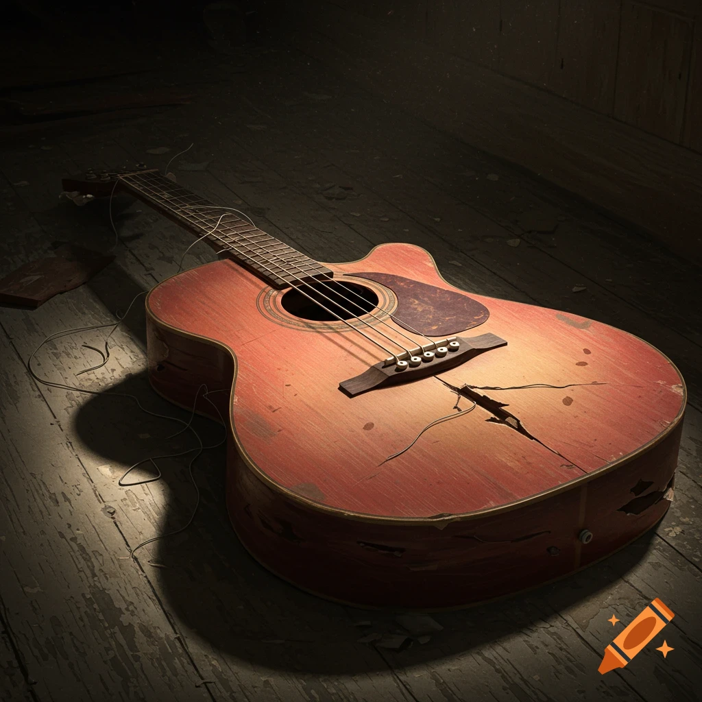 A broken acoustic guitar lying on a wooden floor