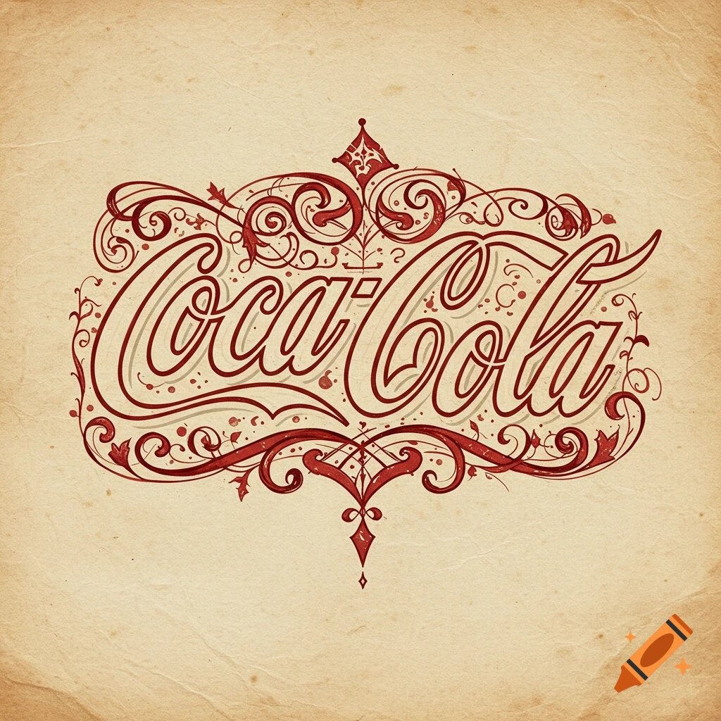 Coca-Cola logo rendered in a red, medieval, ornate, swirling style on a beige, parchment-like background.