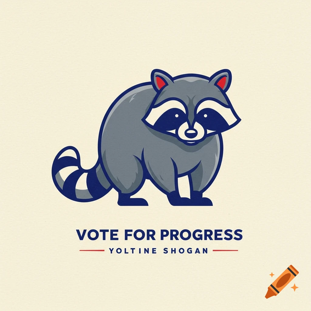 Cartoon raccoon standing above the text 'VOTE FOR PROGRESS YOLTINE SHOGAN', like a political logo.