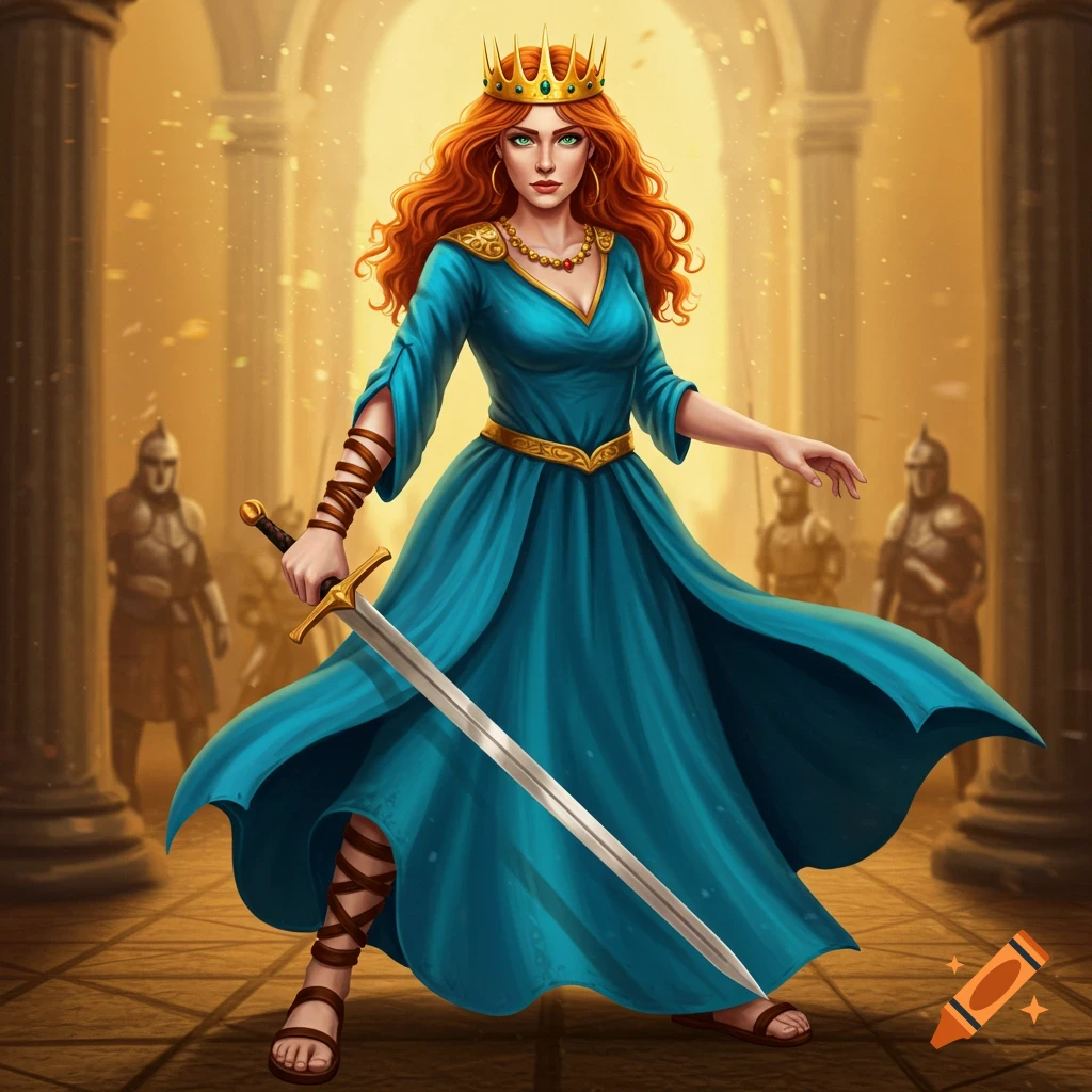 A red-haired queen wearing a crown and blue dress, holding a sword in a columned hall.