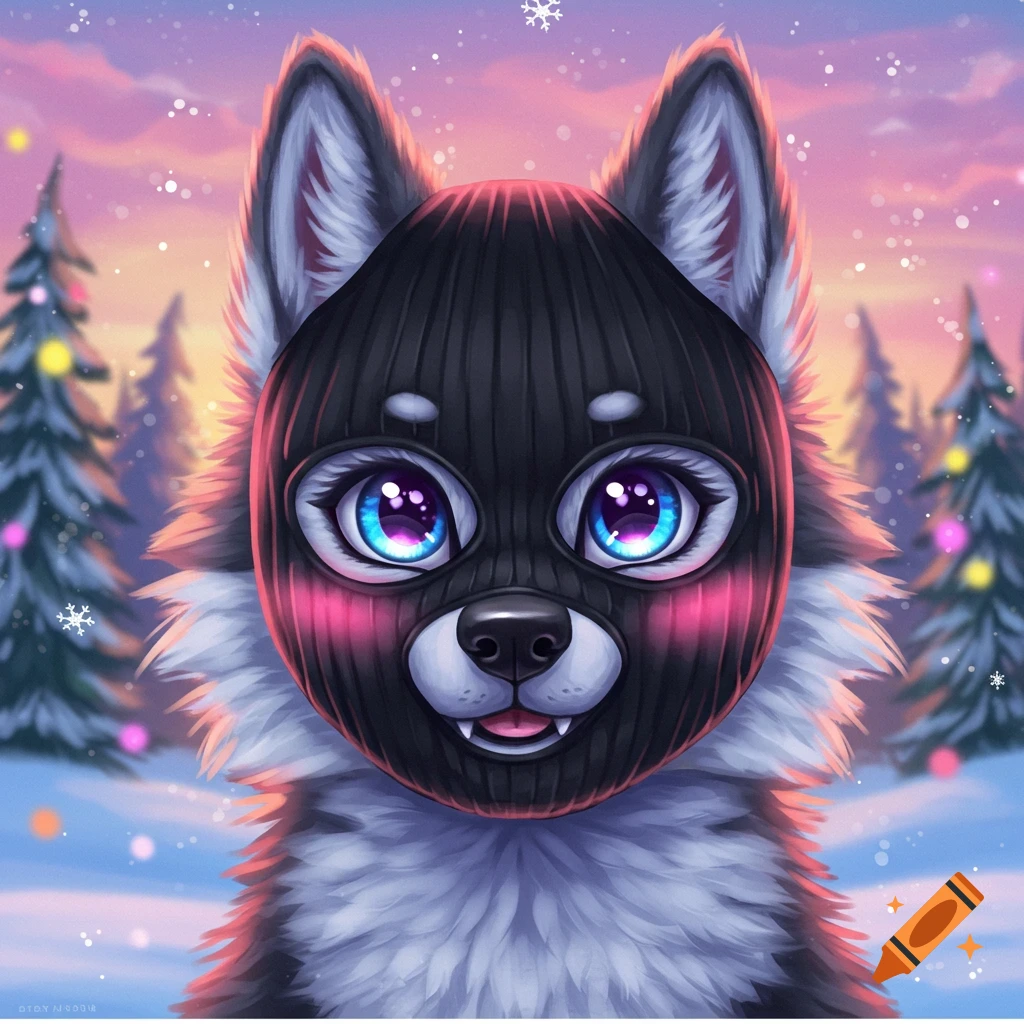 A cute wolf head wearing a black ski mask in a snowy winter forest with festive lights.