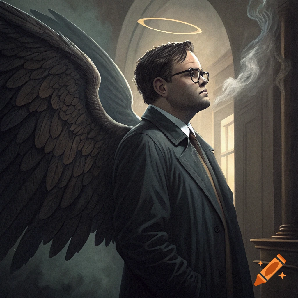 Man with large dark wings and a halo wearing a trench coat stands in an arched hallway, looking up.