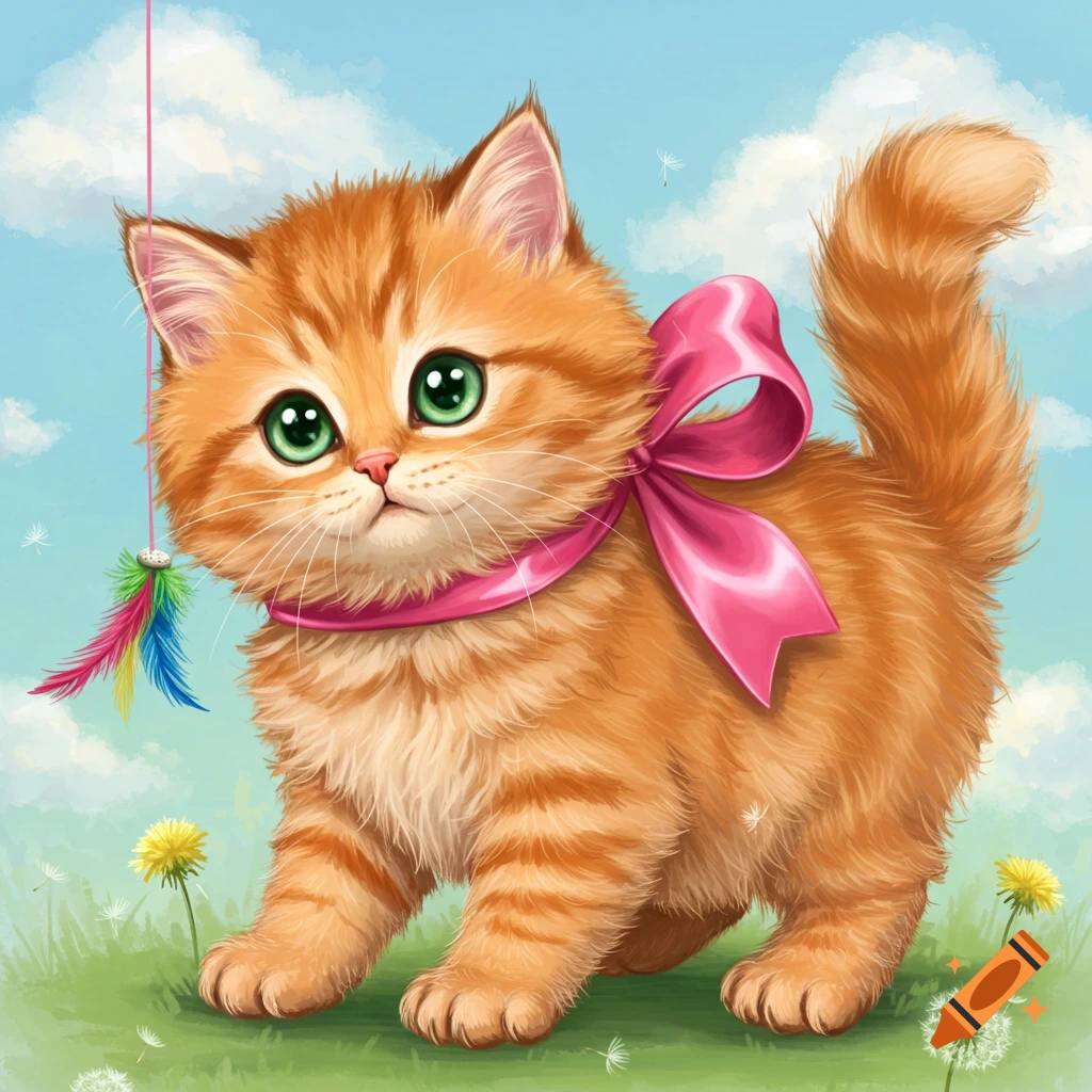 A cute orange kitten with green eyes and a pink bow, standing in a grassy field.