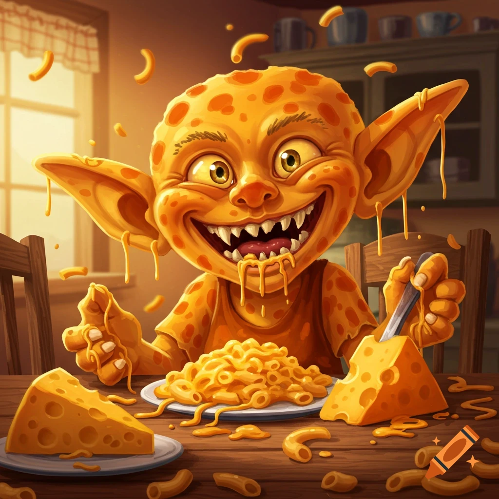 Cartoon creature made of cheese eats macaroni and cheese at a table