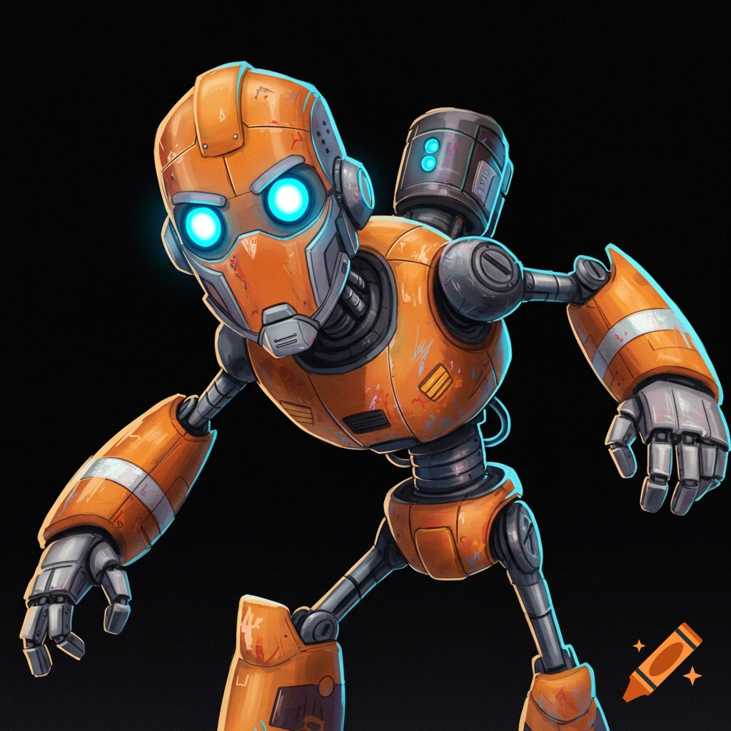 An orange and metallic robot with glowing blue eyes.