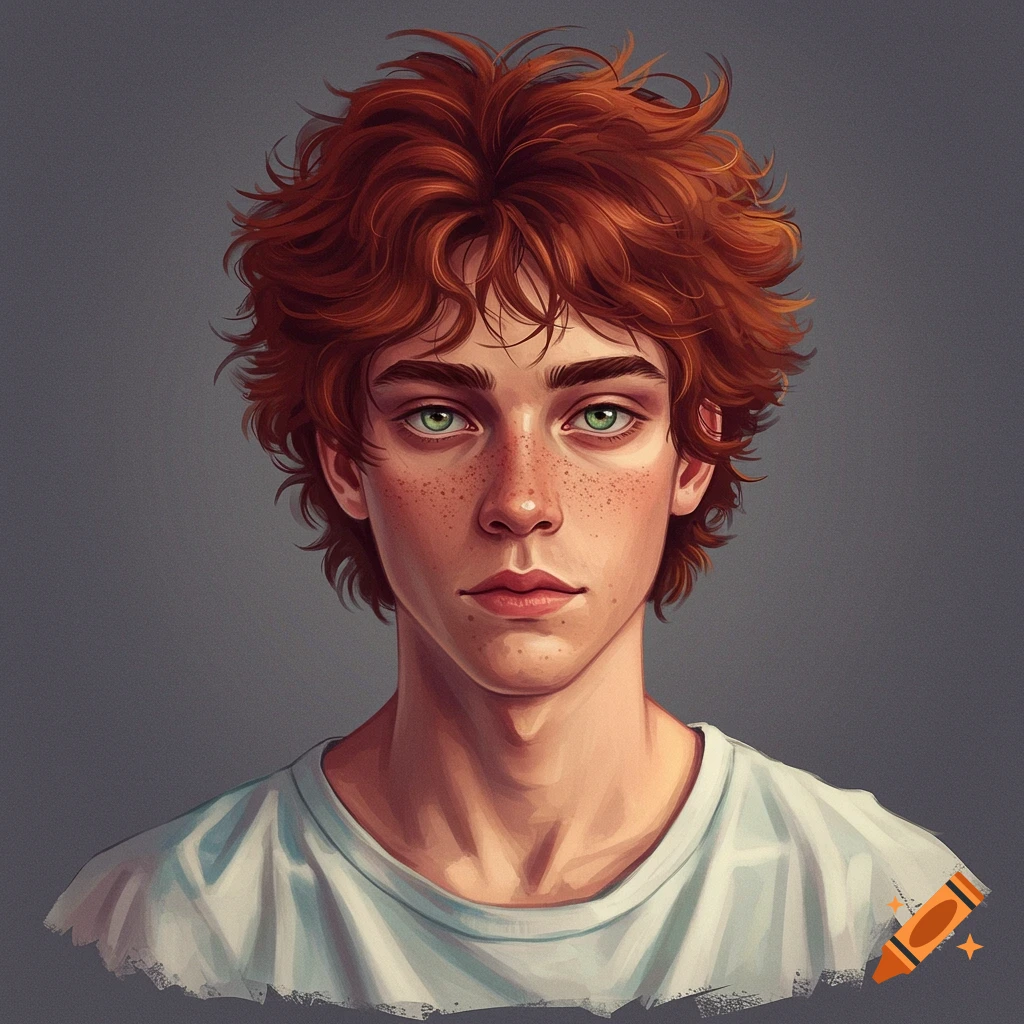 Portrait of a young person with red hair, green eyes, and freckles.