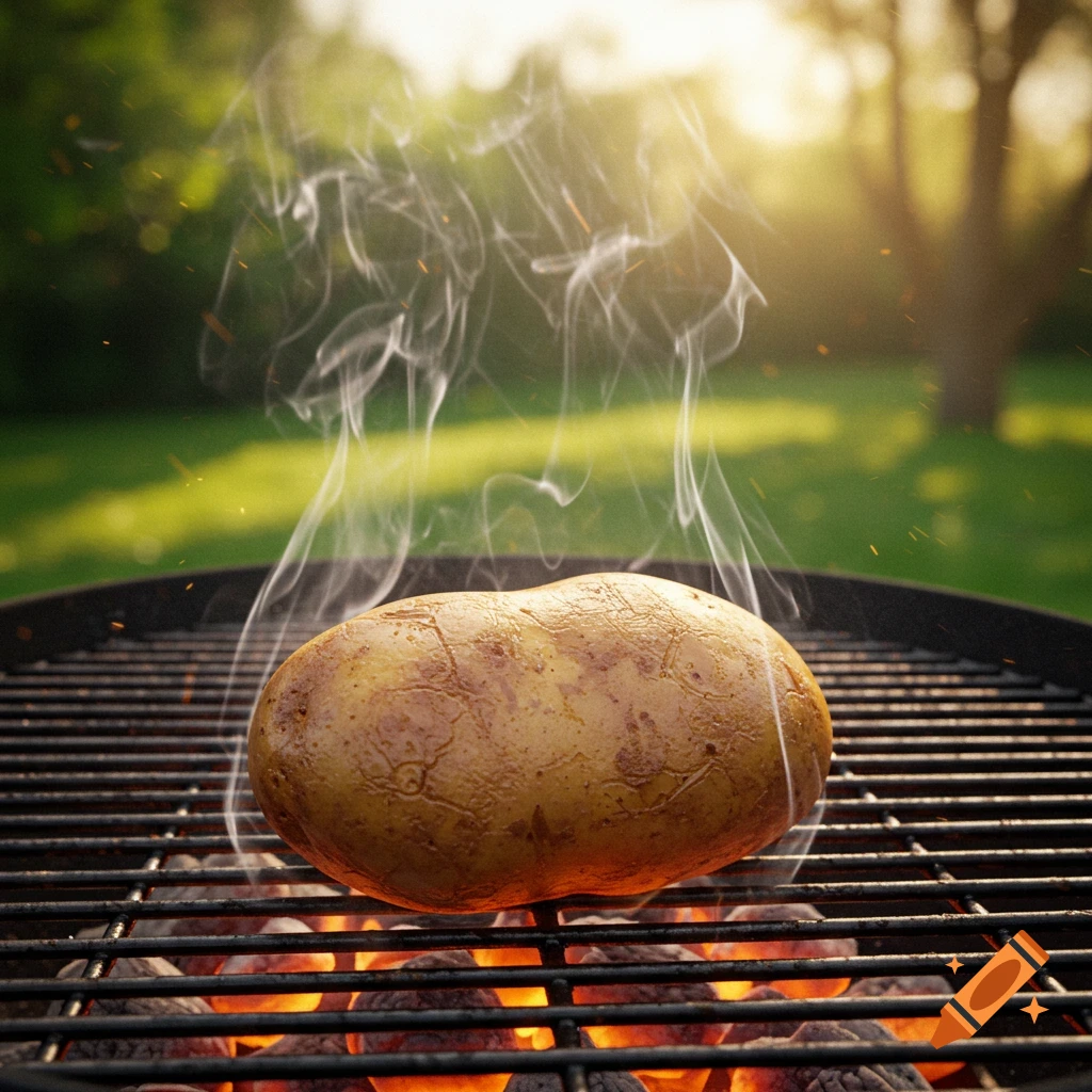 A single potato smoking on a grill with embers and smoke in a backyard setting.