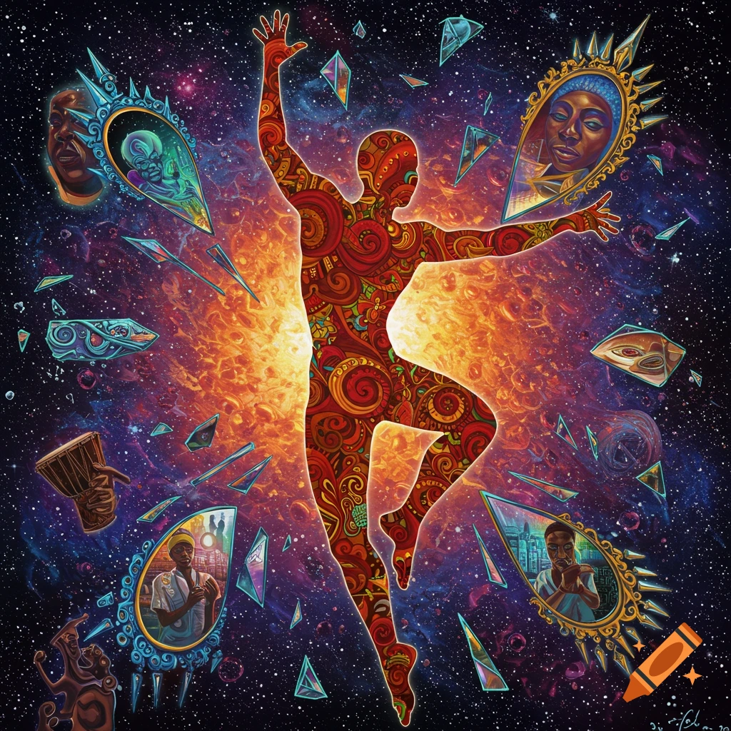 Abstract painting of a dancing figure in cosmic space with mirror shards reflecting faces and symbols.