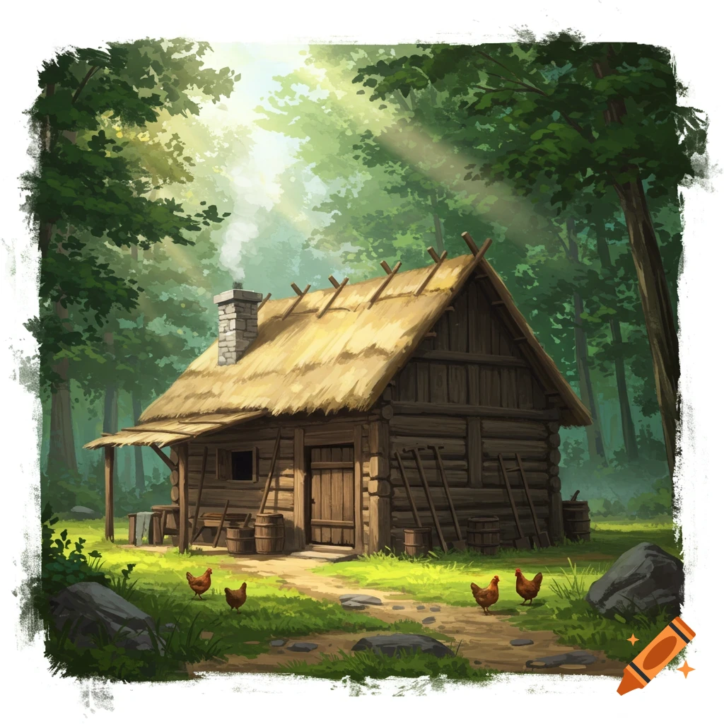 A log cabin in a forest with chickens.