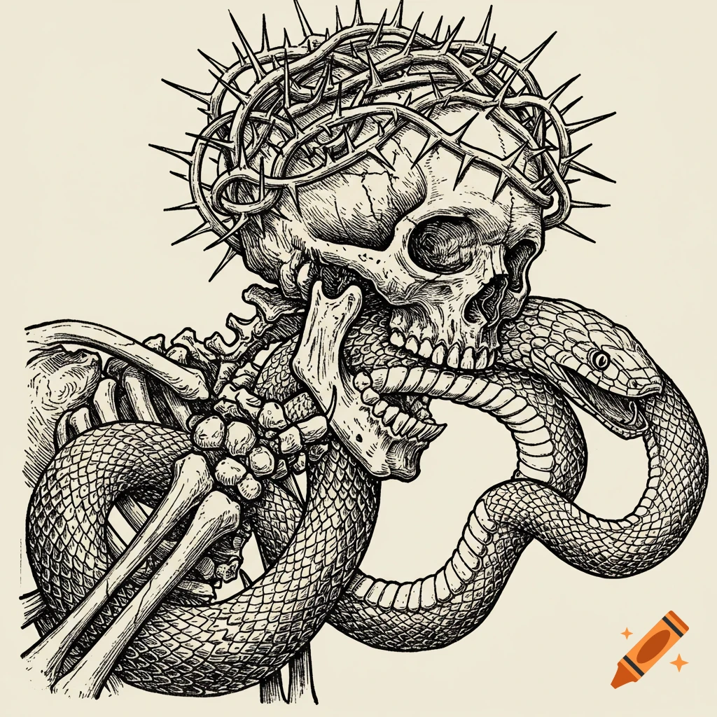 Black and white illustration of a skull with a crown of thorns entwined with a snake biting its jaw and skeleton bones.