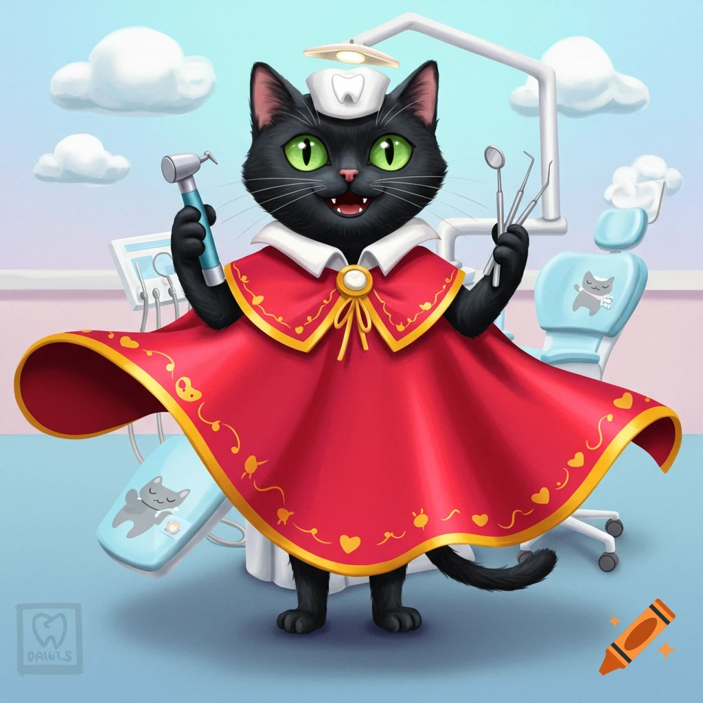 A cartoon black cat is dressed as a dentist in a red cape, holding dental tools in a dental office.