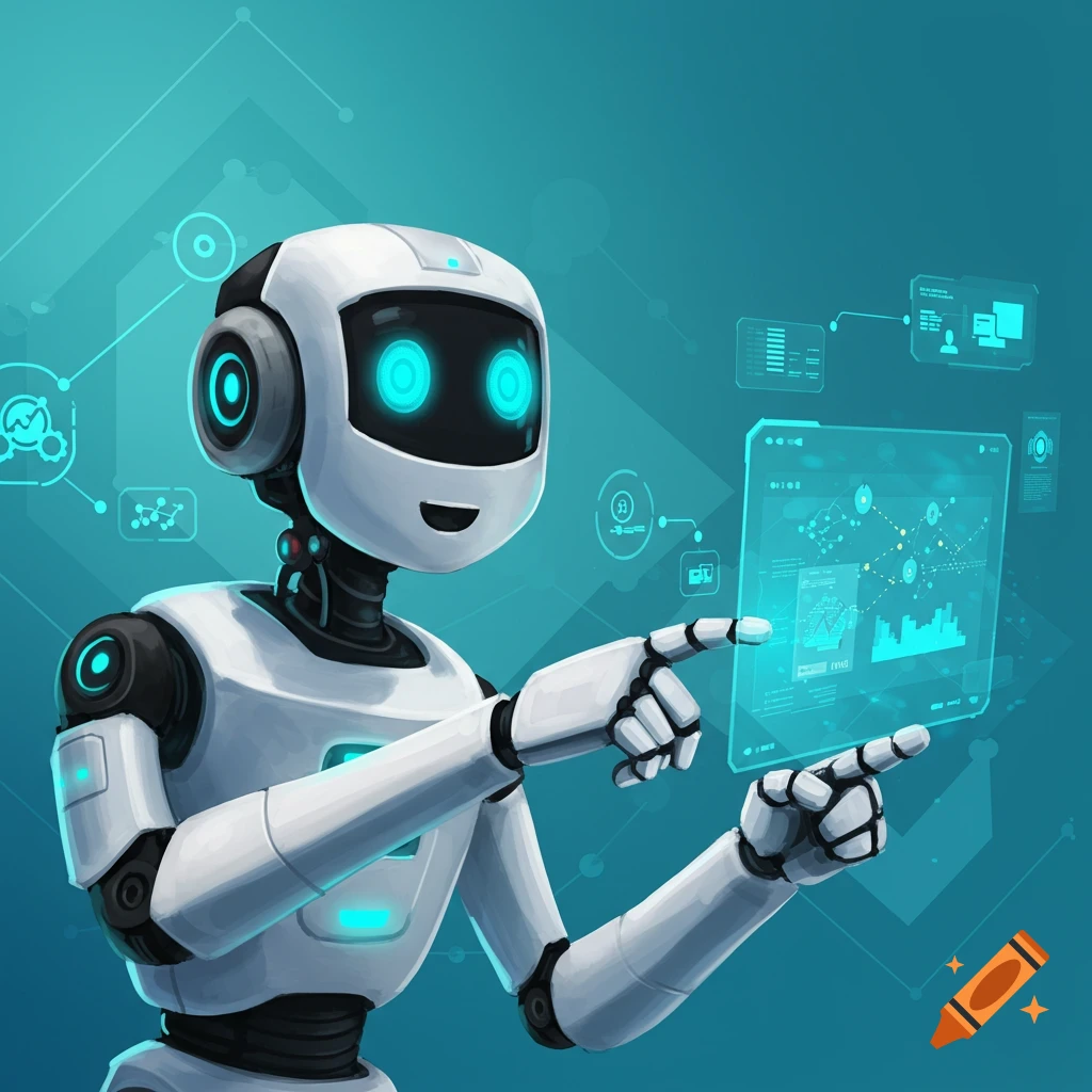 White robot with glowing blue eyes pointing at a holographic data screen.