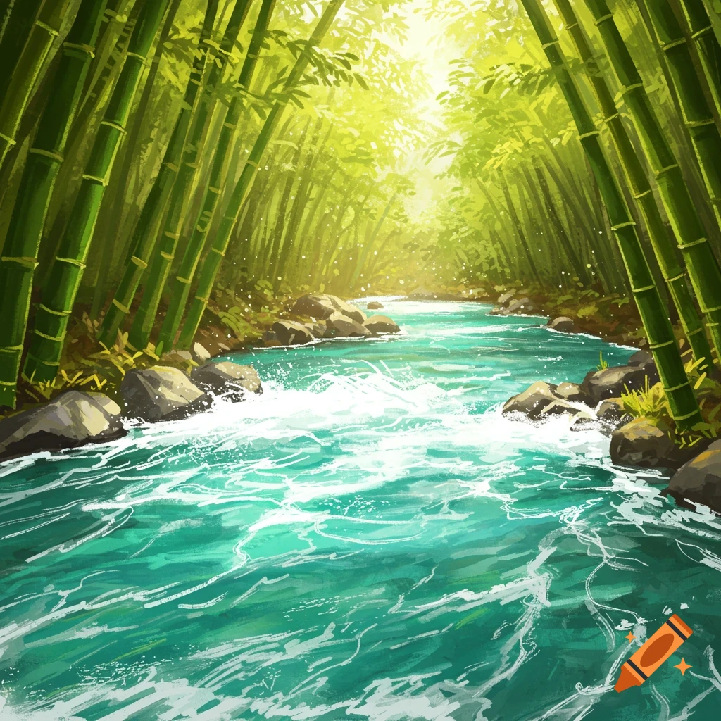 A river flowing through a sunlit bamboo forest.