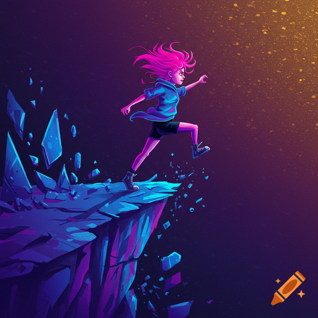 A person with pink hair jumps across a broken cliff edge in neon colors.