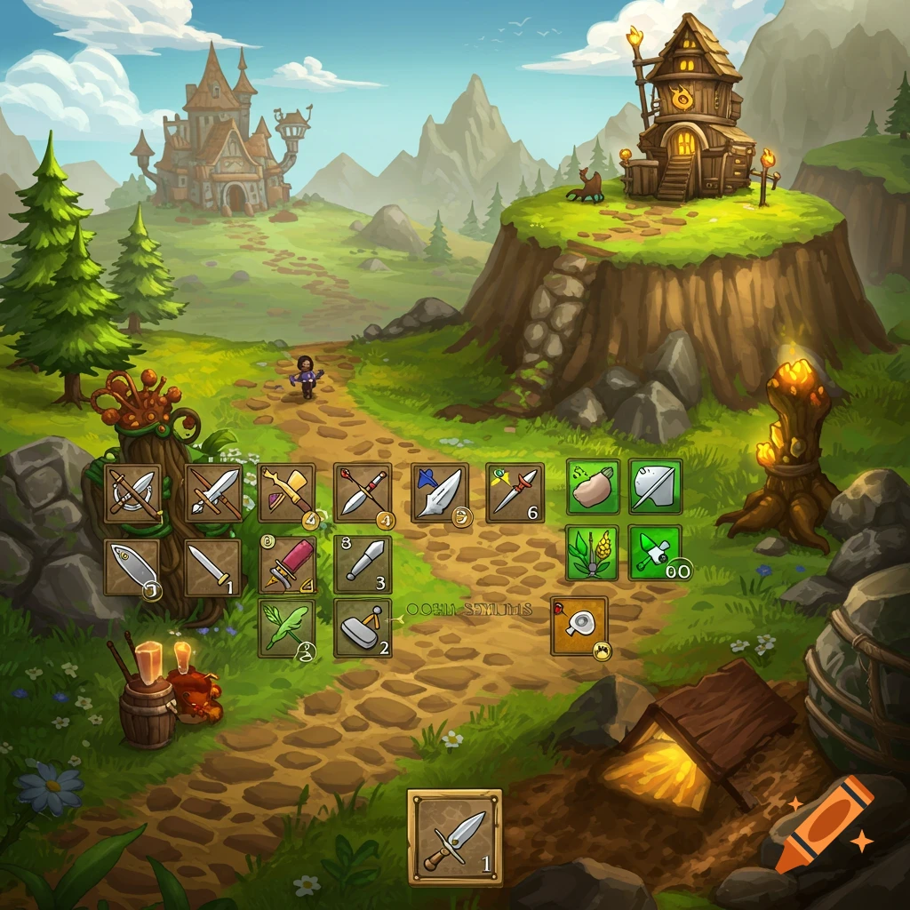 a fantasy game scene with buildings, character, and inventory bar