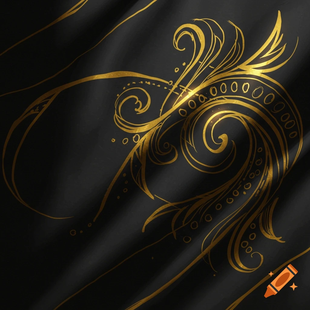 A gold decorative pattern on a black fabric background.