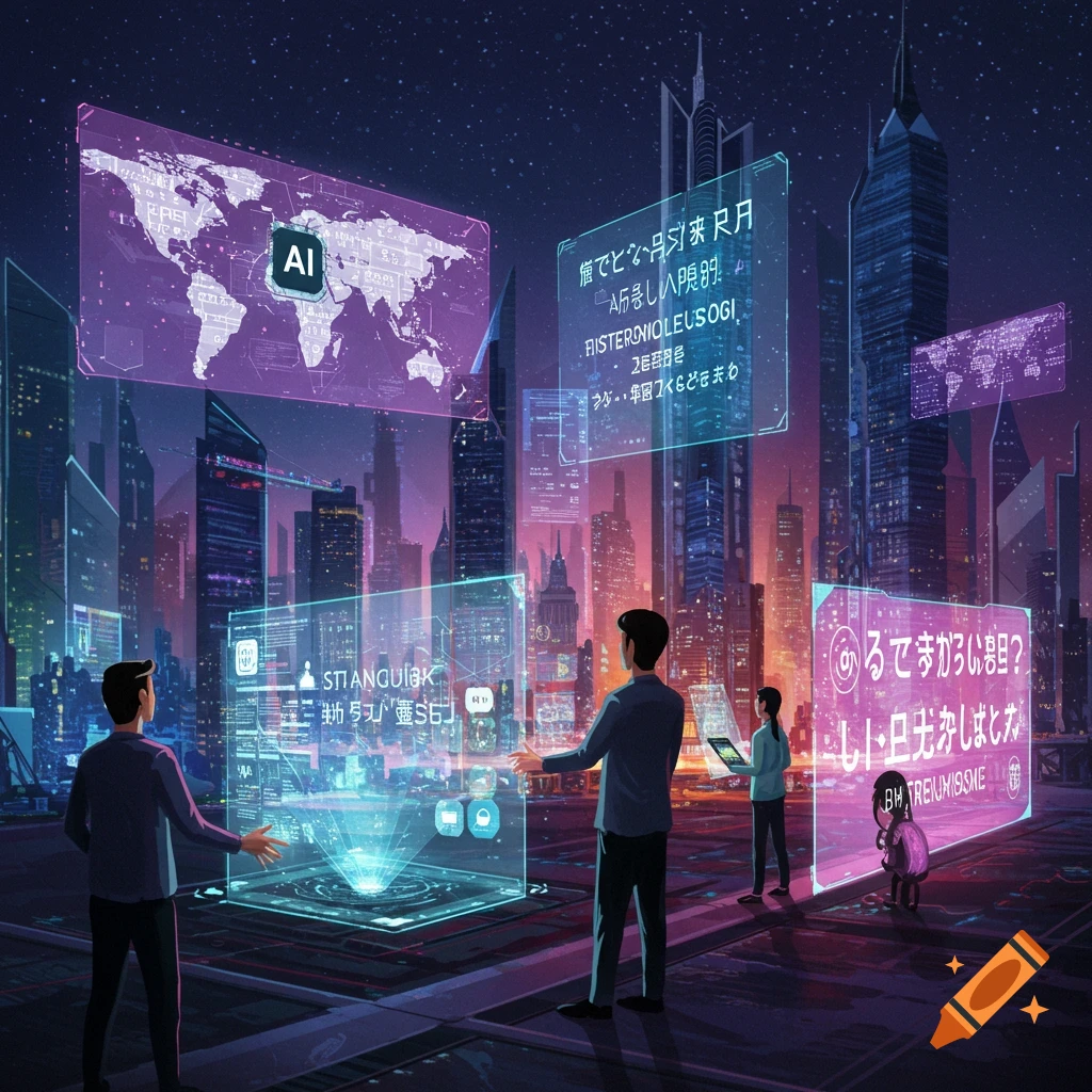 People interacting with holographic AI displays in a futuristic city at night.