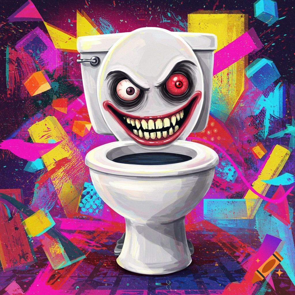 A monster toilet with a creepy face against a colorful abstract background, digital art.