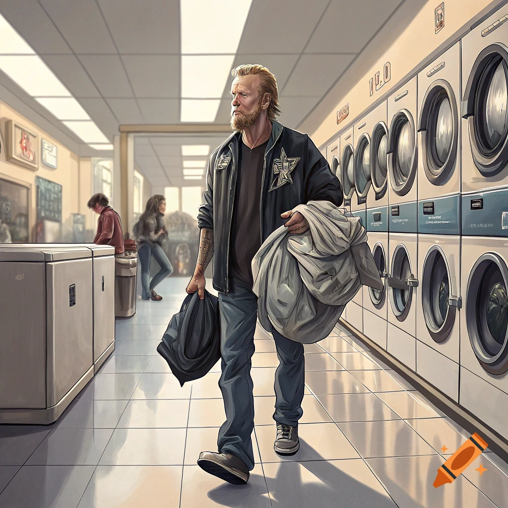 Man walks through a laundromat carrying bags