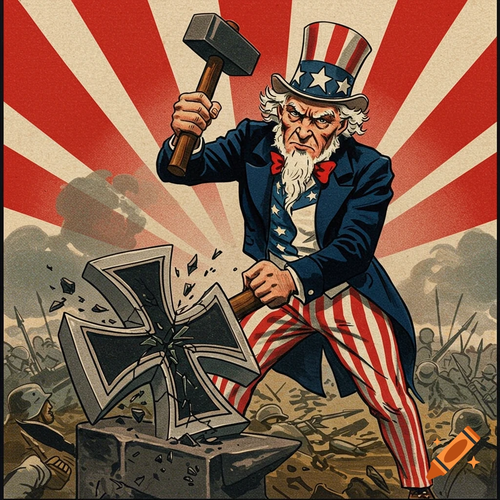 Uncle Sam smashes a large Iron Cross with a hammer in a historical propaganda style illustration.