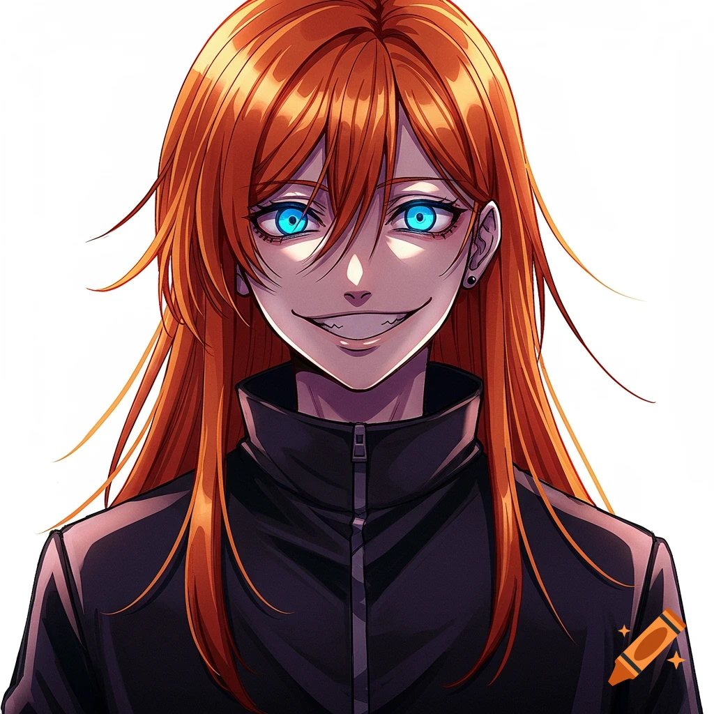Anime portrait of a character with long orange hair, bright blue eyes, and an unsettling smile, wearing a black jacket.