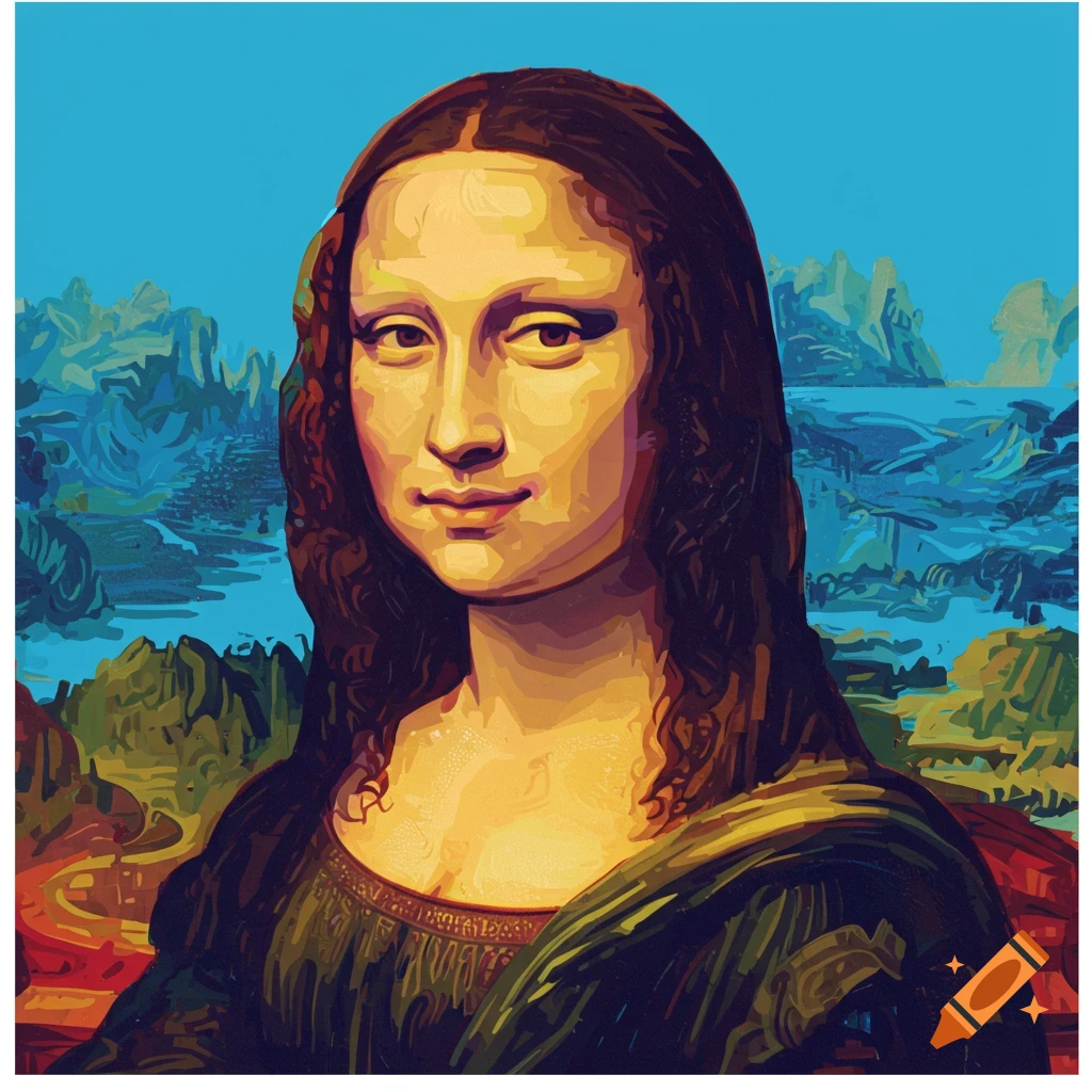 Stylized portrait of the Mona Lisa with a bright blue sky and abstract landscape background.