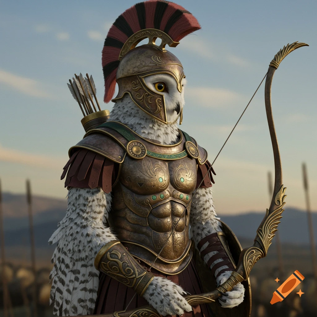 Photorealistic owlkin warrior in Greek armor with bow and arrows, standing in a field.