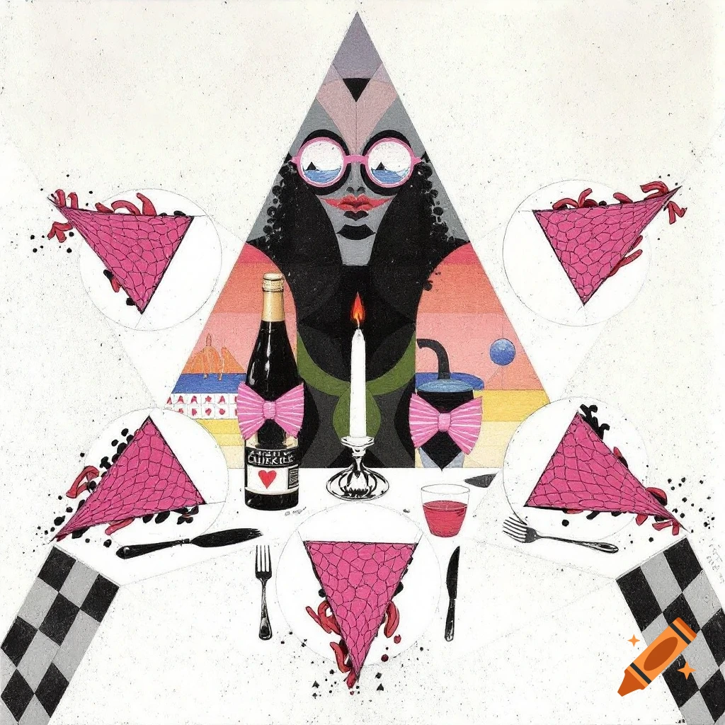Surreal stylized art of a dinner party with a geometric figure at a table with pink triangular place settings.