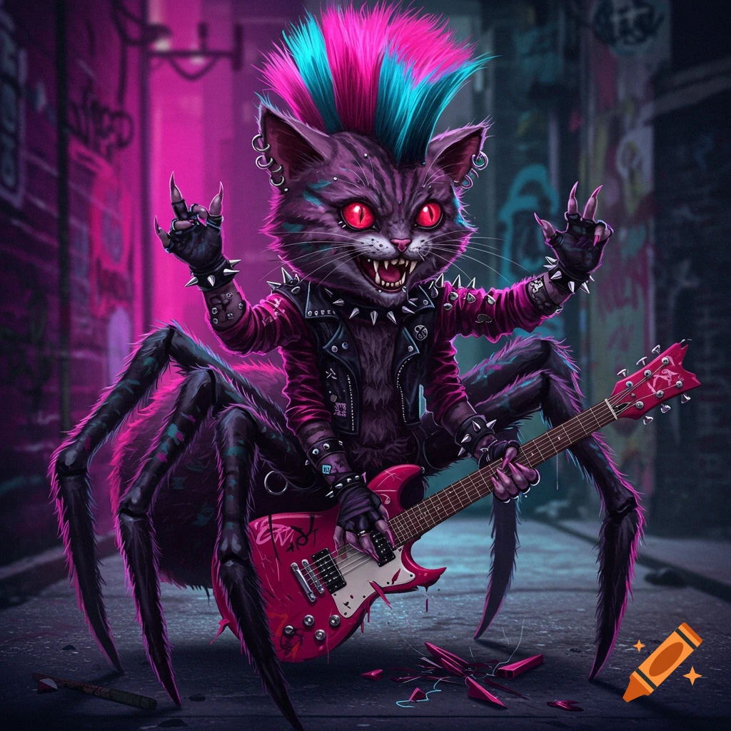 Punk cat-spider monster with a mohawk playing a guitar in a neon-lit alley with graffiti.
