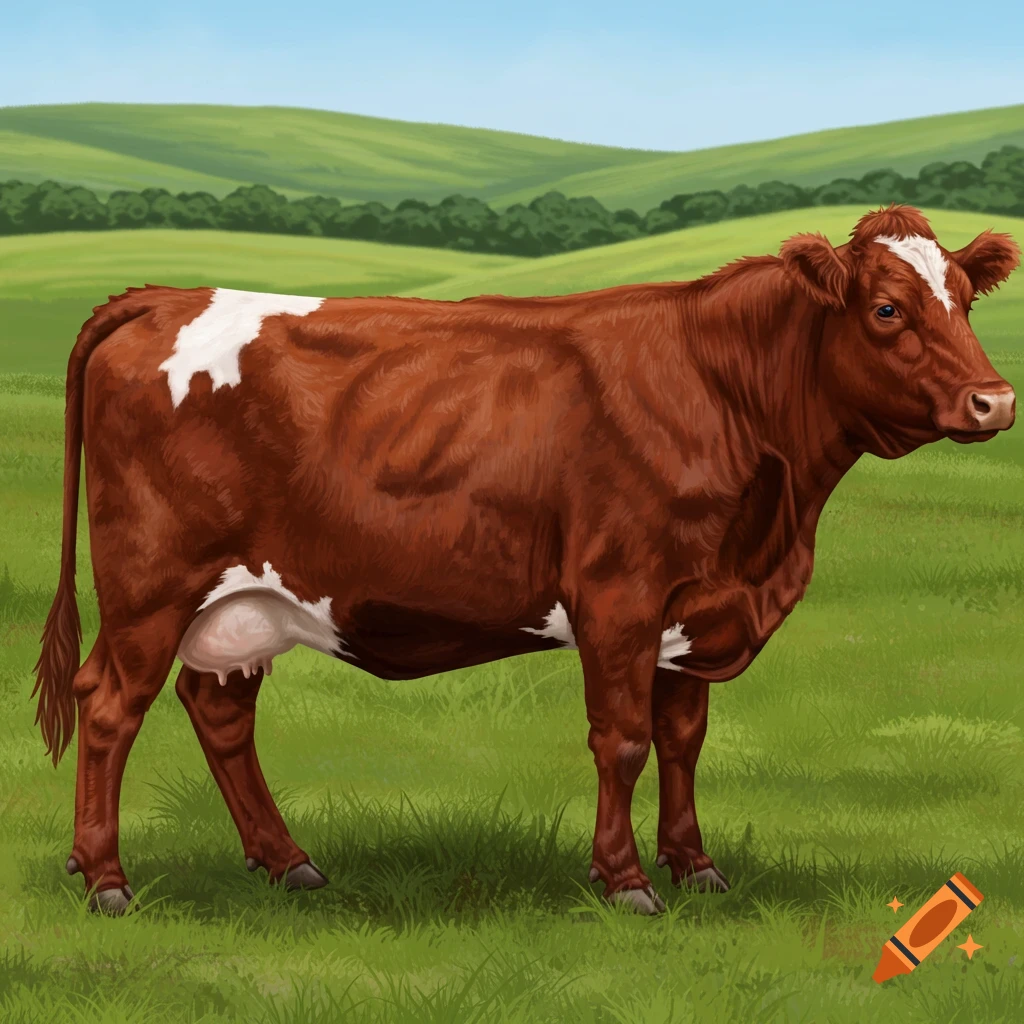 A brown and white cow stands in a green field.