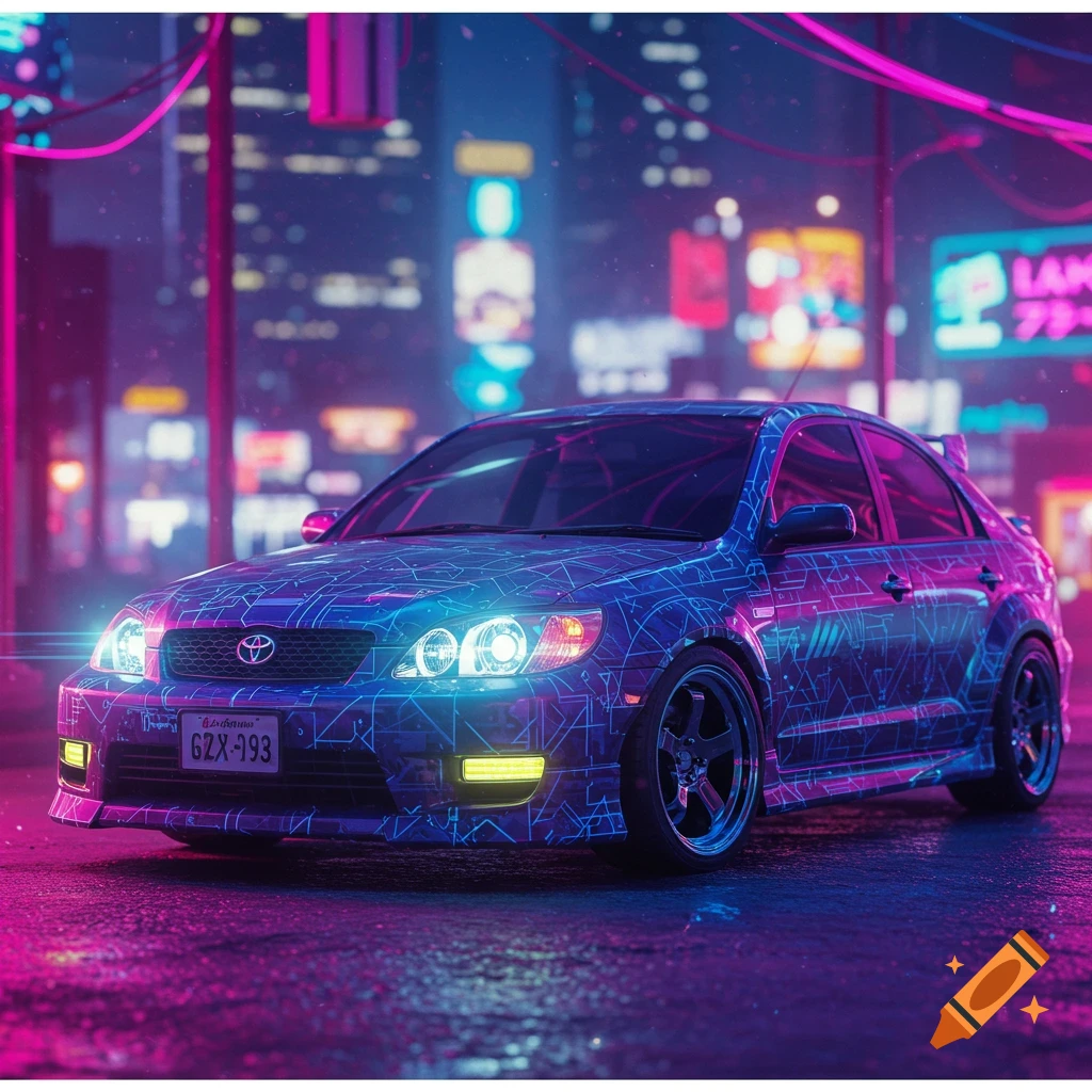 A Toyota Matrix with glowing circuit patterns sits on a wet street in a neon cyberpunk city at night. Digital art.