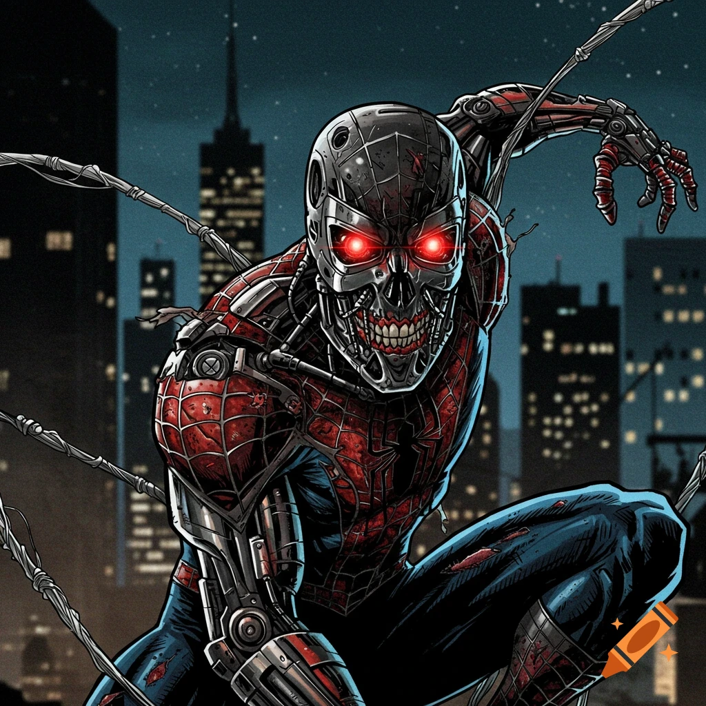 Comic art of a cyborg Spider-Man with a skull face and red eyes, crawling over a rooftop with a city skyline background at night.