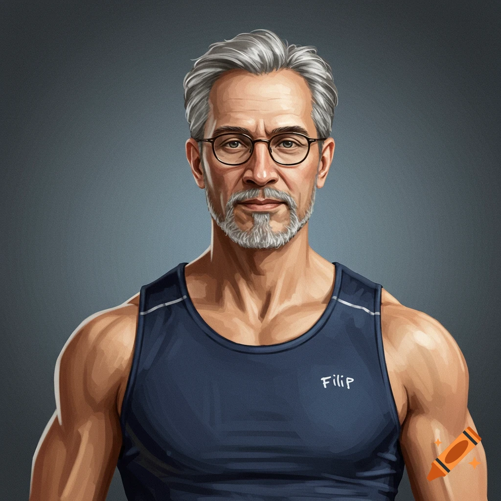 Portrait of an older man with grey hair and beard, wearing glasses and a dark blue fitness tank top.