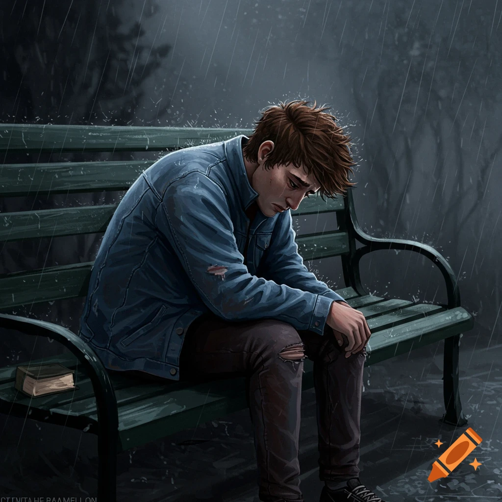 A sad young man sits alone on a park bench in the rain.