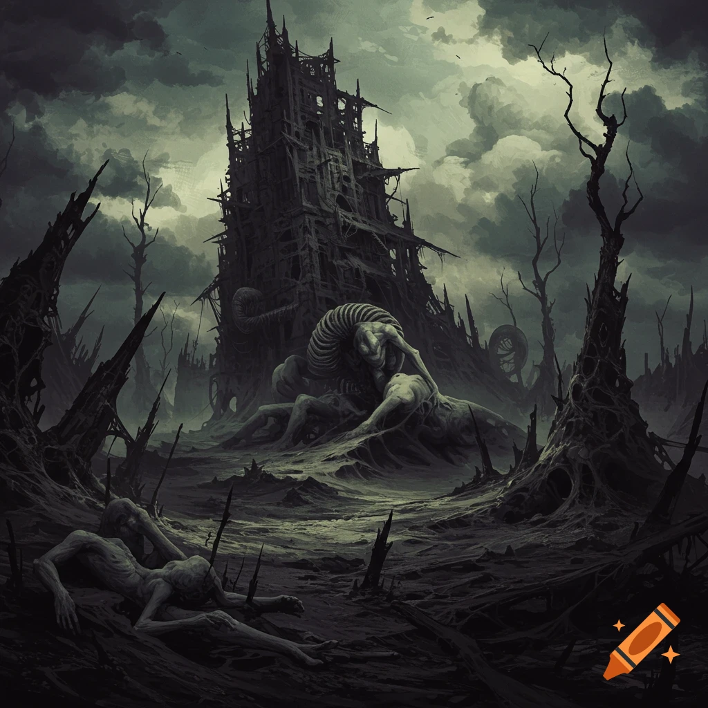 Dark surreal image of a desolate landscape with twisted structures and figures.