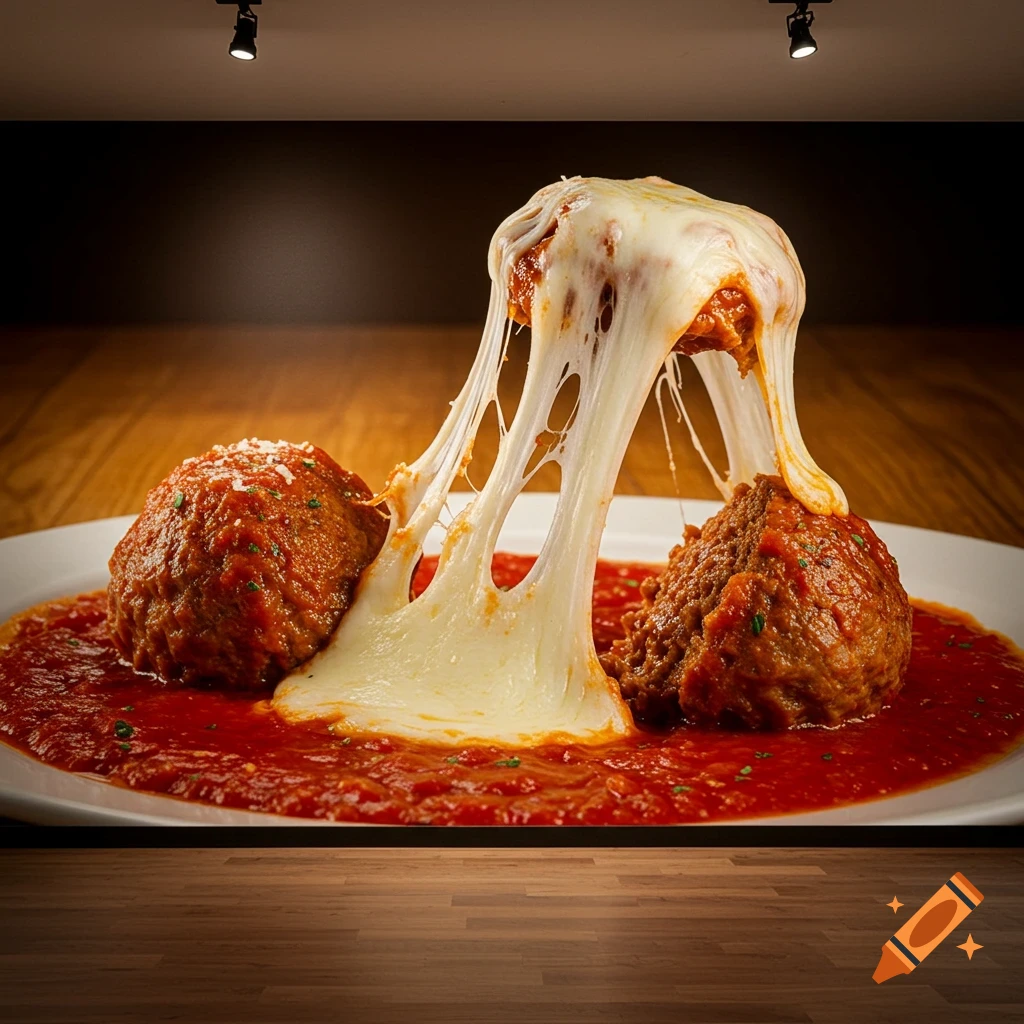 Close-up of two meatballs covered in tomato sauce with a large cheese pull from the top meatball.