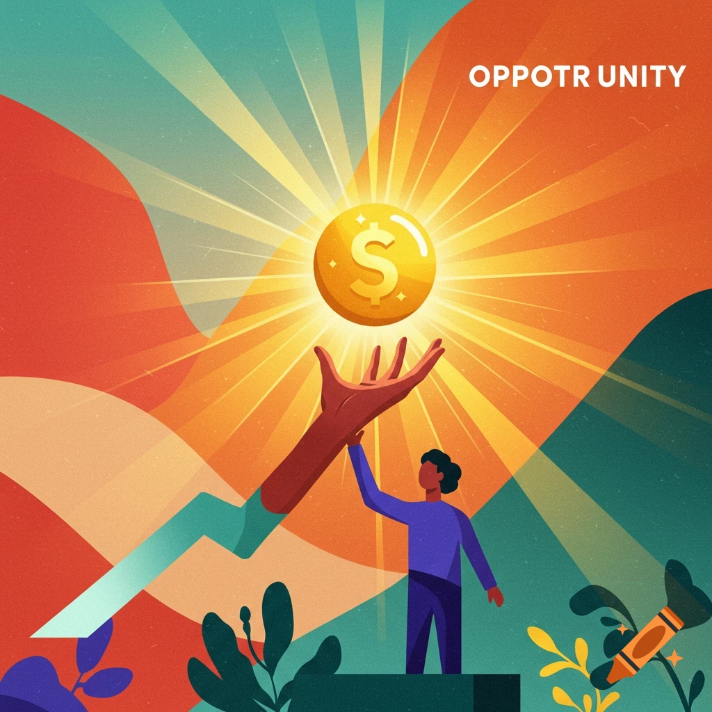 Colorful illustration of hands reaching for a glowing dollar coin, representing opportunity and growth.