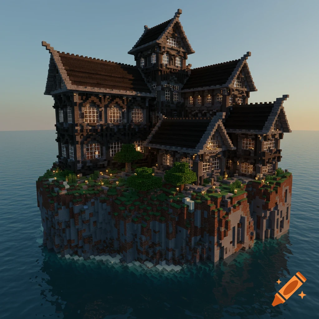 A large, dark Minecraft-style mansion sits on a rocky cliff overlooking the ocean.