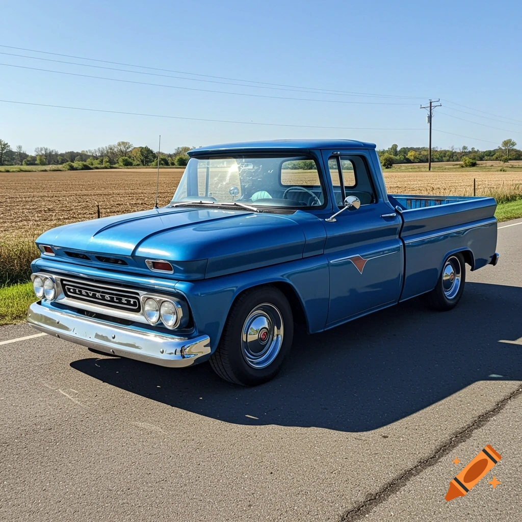 Blue Chevrolet pickup truck parked on a road next to a field under a blue sky.
