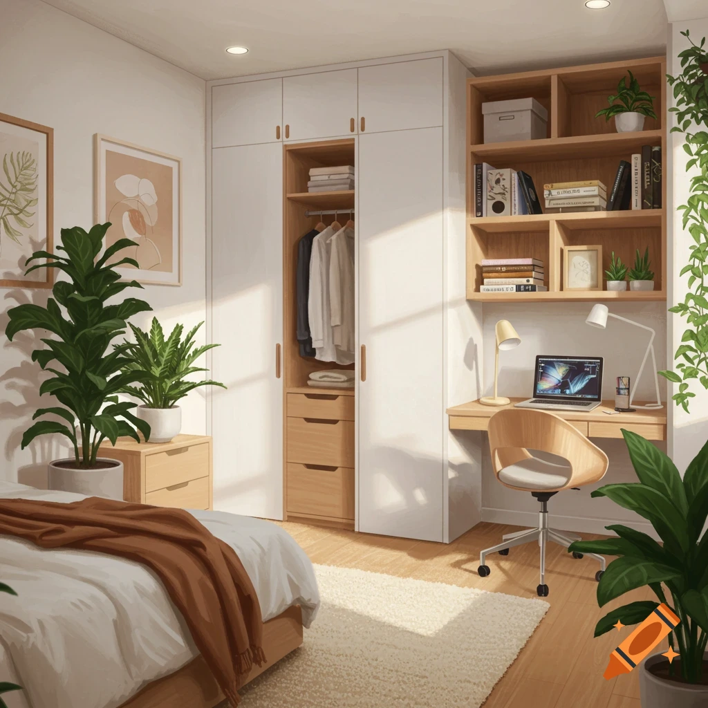 A tidy bedroom featuring a bed, open closet, desk, bookshelf, and various houseplants.