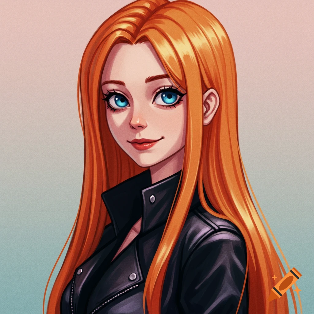 Anime-style portrait of a woman with long orange hair and bright blue eyes, wearing a black jacket.