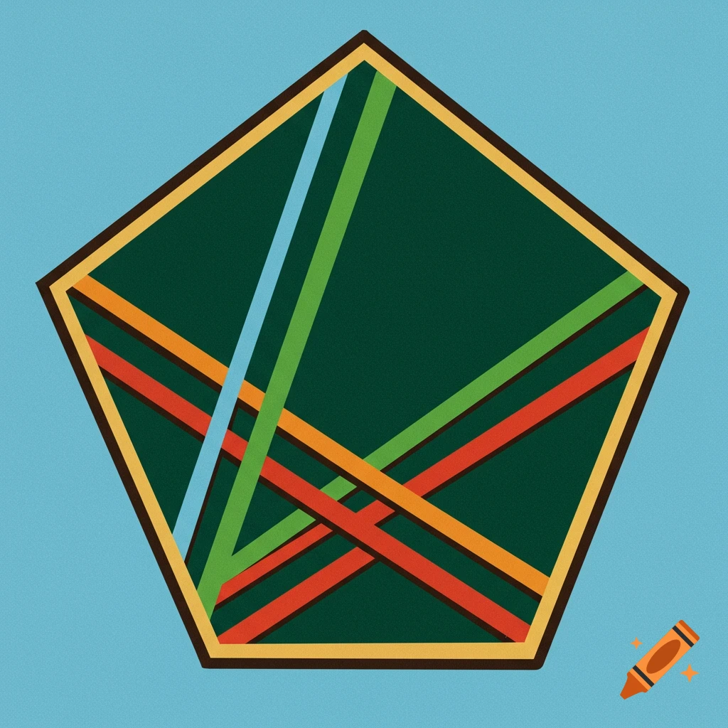 Abstract geometric digital art of a green pentagon with colored intersecting lines on a blue background.