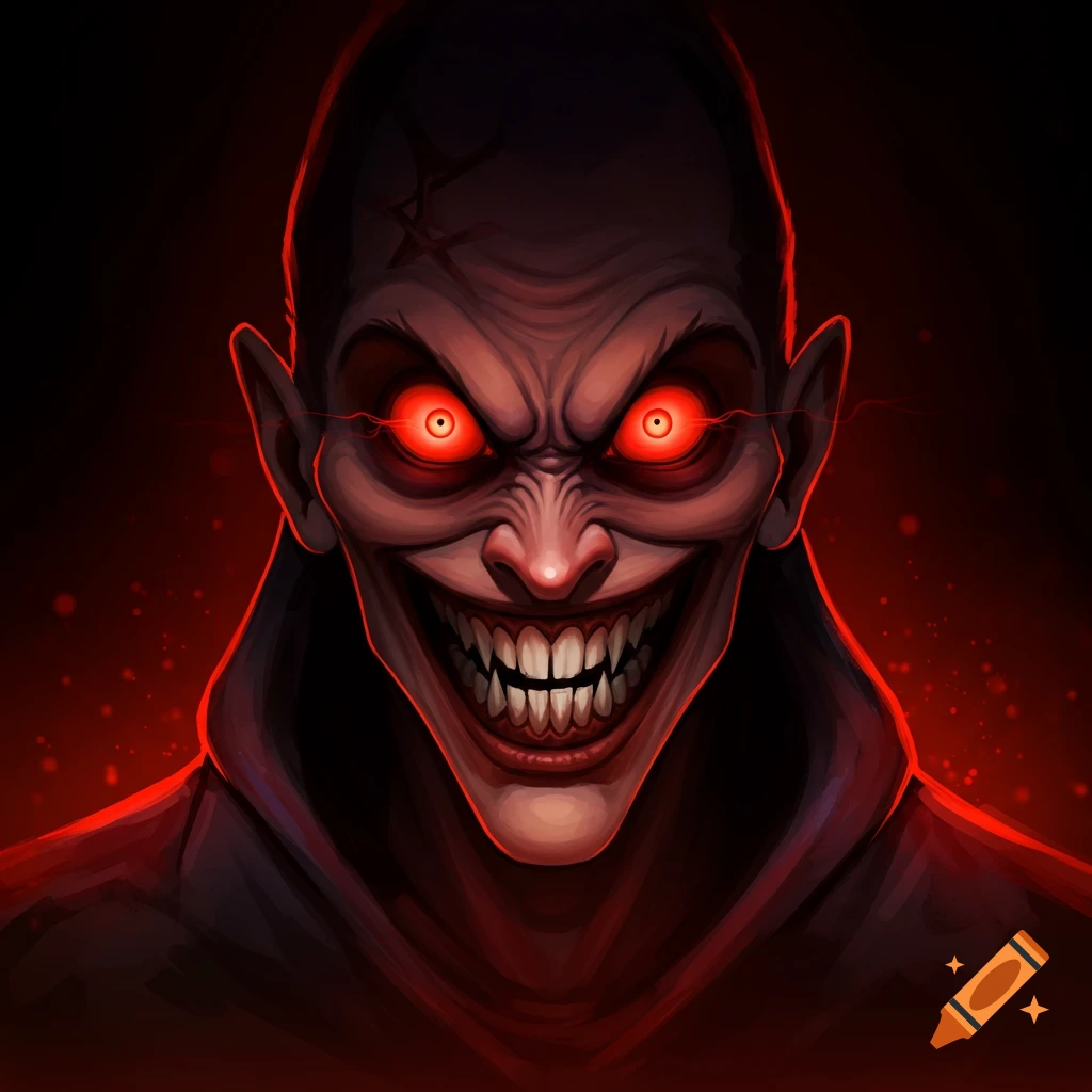 A scary face with glowing red eyes and sharp teeth