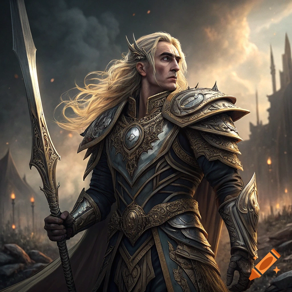 Fantasy warrior with long blond hair and ornate gold and silver armor holds a spear in a dark, epic setting.