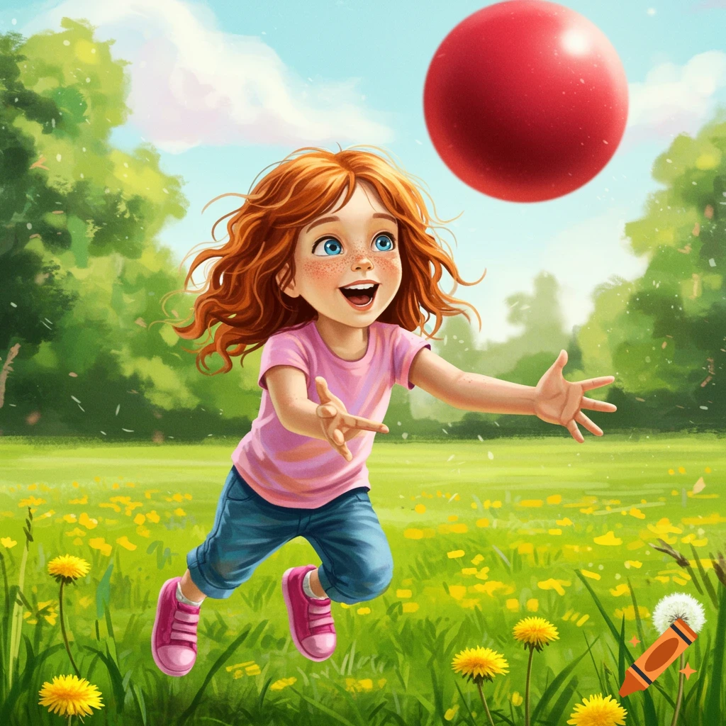 A joyful girl with red hair is catching a red ball in a sunny field with flowers.