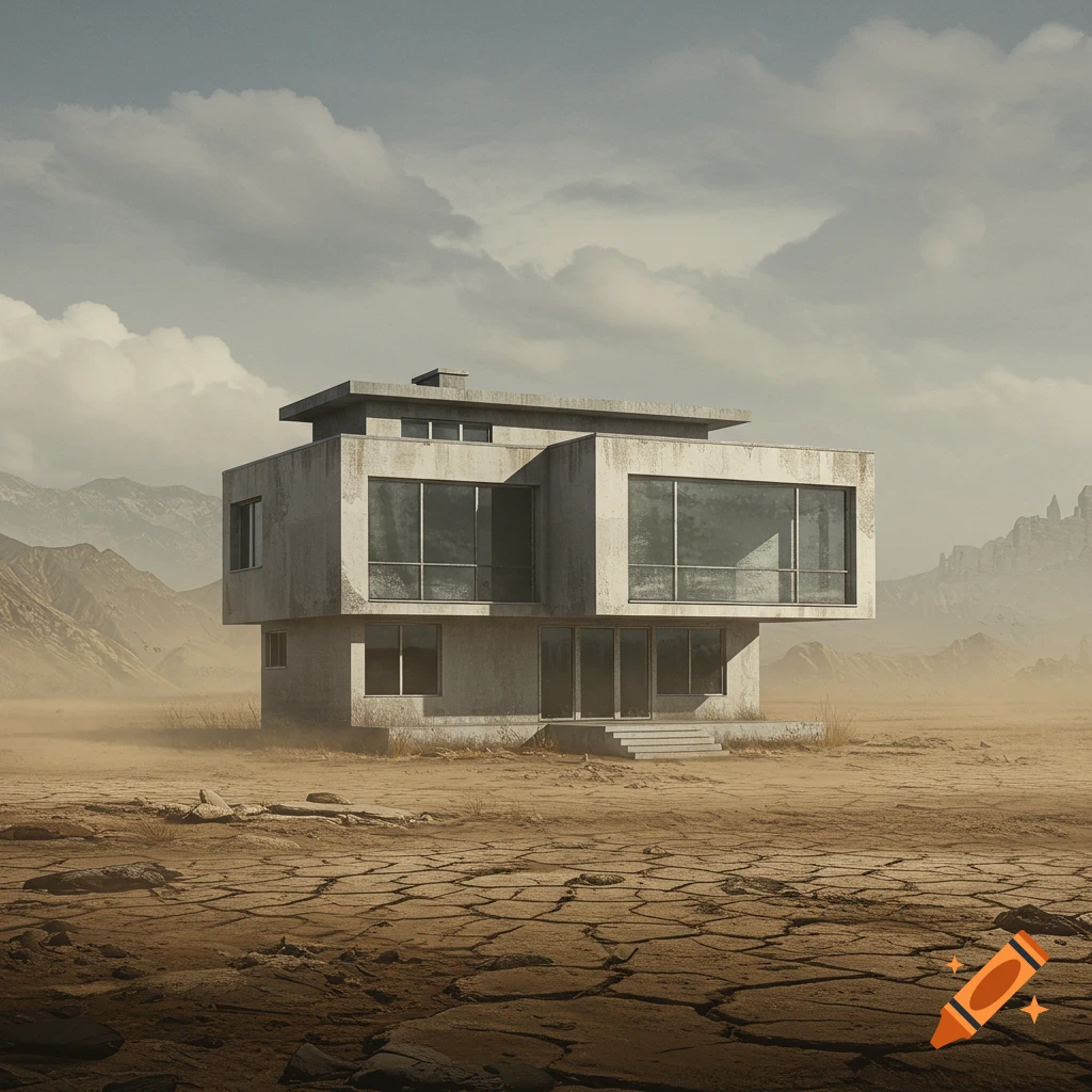A modern concrete house stands in a desolate landscape with cracked earth and mountains under a cloudy sky.