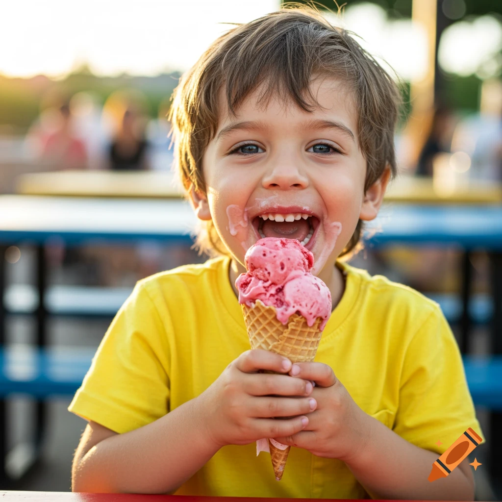 Happy young boy with messy face eating pink ice cream outdoors in sunlight.