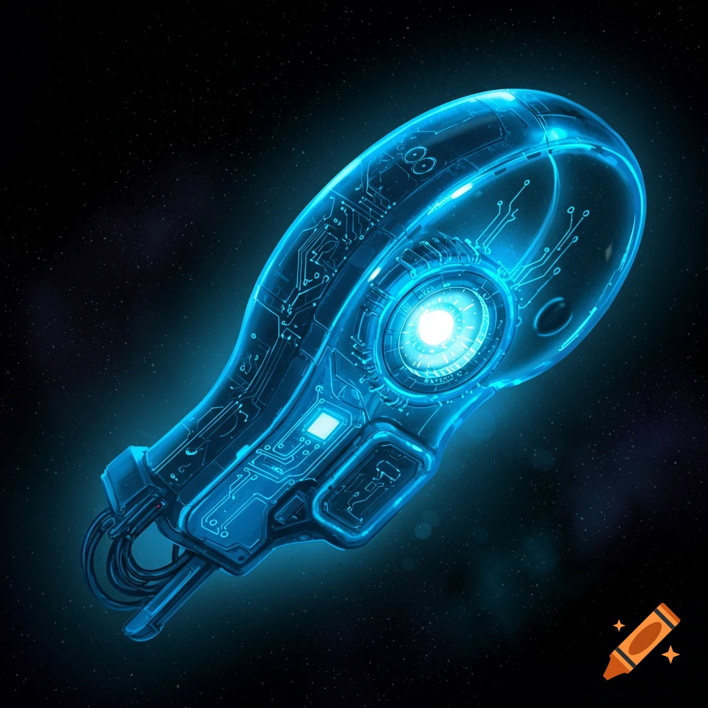 A glowing blue science fiction device with internal circuitry, set against a starry background.