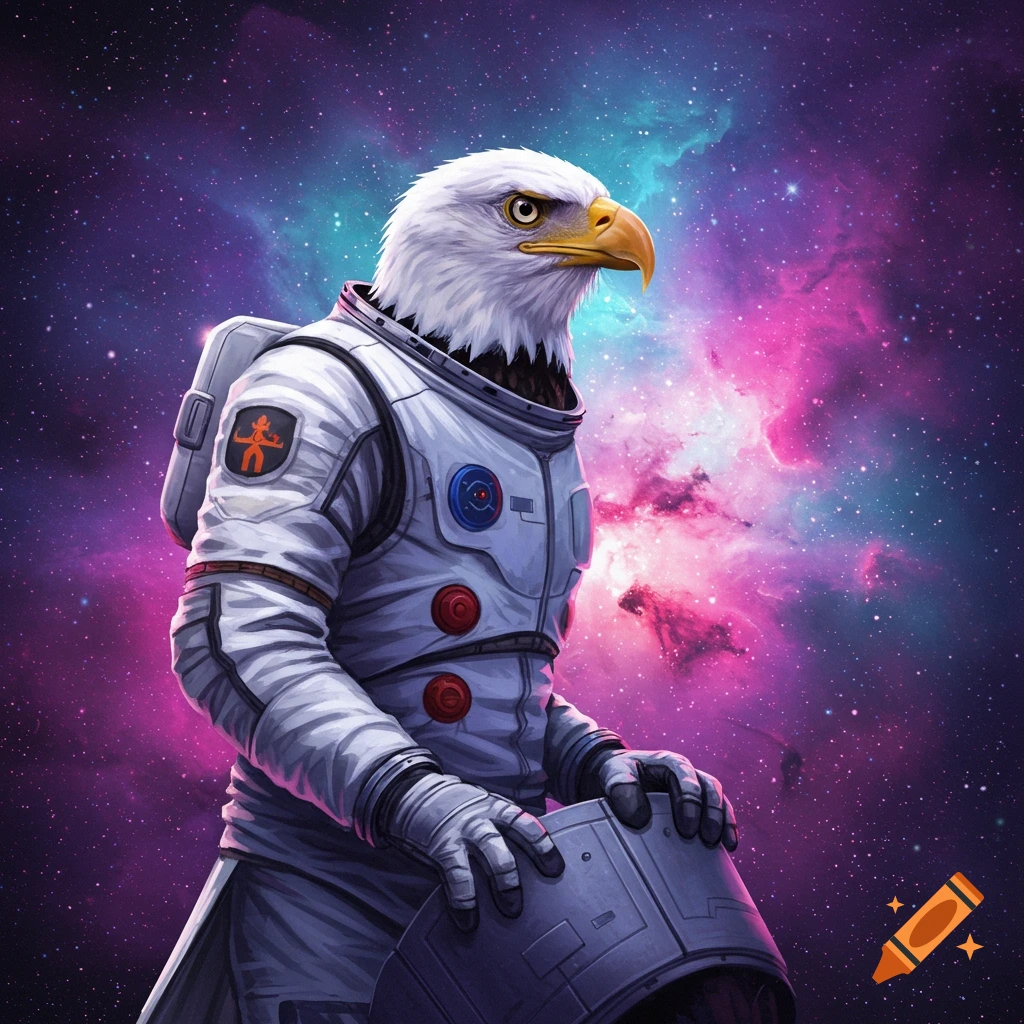 A bald eagle wearing a spacesuit in front of a vibrant nebula.